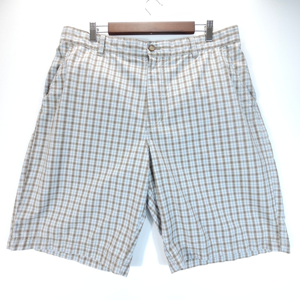Izod Plaid Shorts Mens 38 Tan Blue Streetwear Cotton Flat Front Walking‎ Shorts